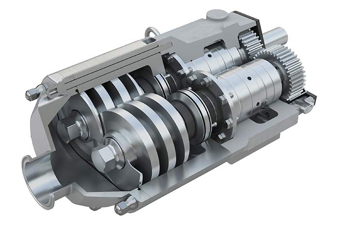 Twin screw pump used in applications with cheese and deaeration vessel