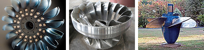 Examples of Pelton turbine, Francis turbine and Kaplan turbine