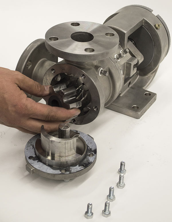 Image 4. Internal gear pumps feature a unique design that have only two moving parts, a rotor and idler gear, which allows them to operate equally well in either direction and deliver positive, non-pulsating flow of the liquid being handled.