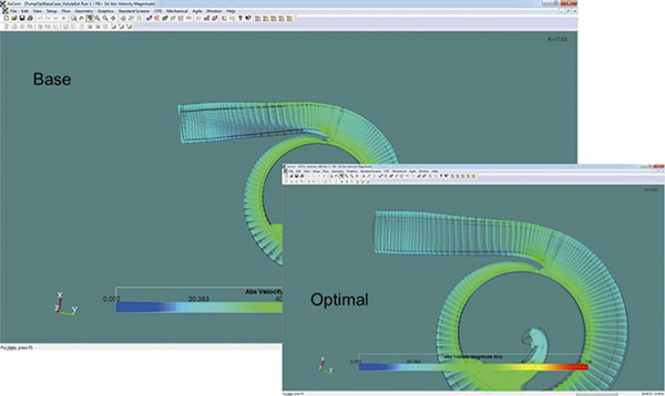 Figure 3. Flow field result for the baseline and optimized volute. Note the more uniform velocity distribution after the tongue. (Courtesy of Concepts NREC)