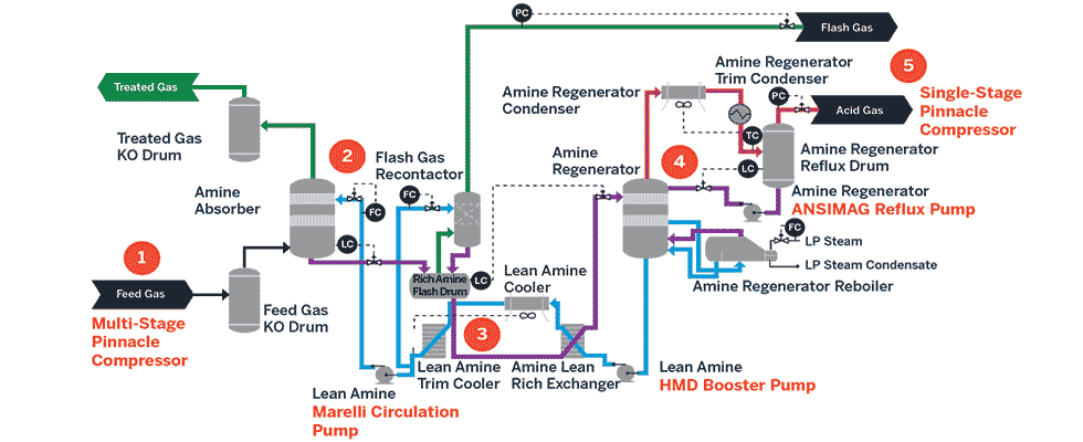 Five steps in the amine scrubbing process to remove CO2 from a plant’s flue emissions