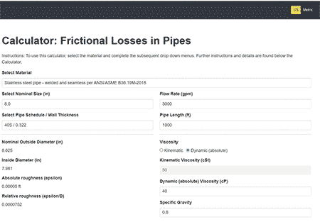 IMAGE 2: Inputs to the pipe frictional head loss calculator