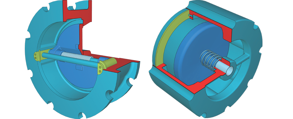 IMAGES 3 and 4: Cut-section of a dual disc check, wafer style and cut-section of a silent check valve, wafer style