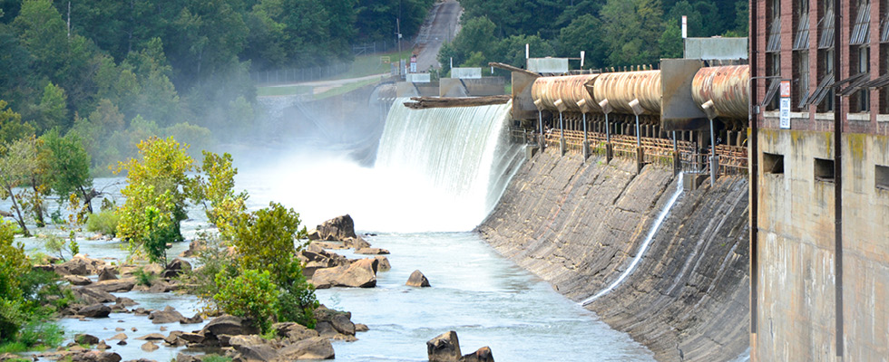 IMAGE 1: Water spilling over flood gates at a hydro in the southeast (Images courtesy of Jenkins Electric Company)