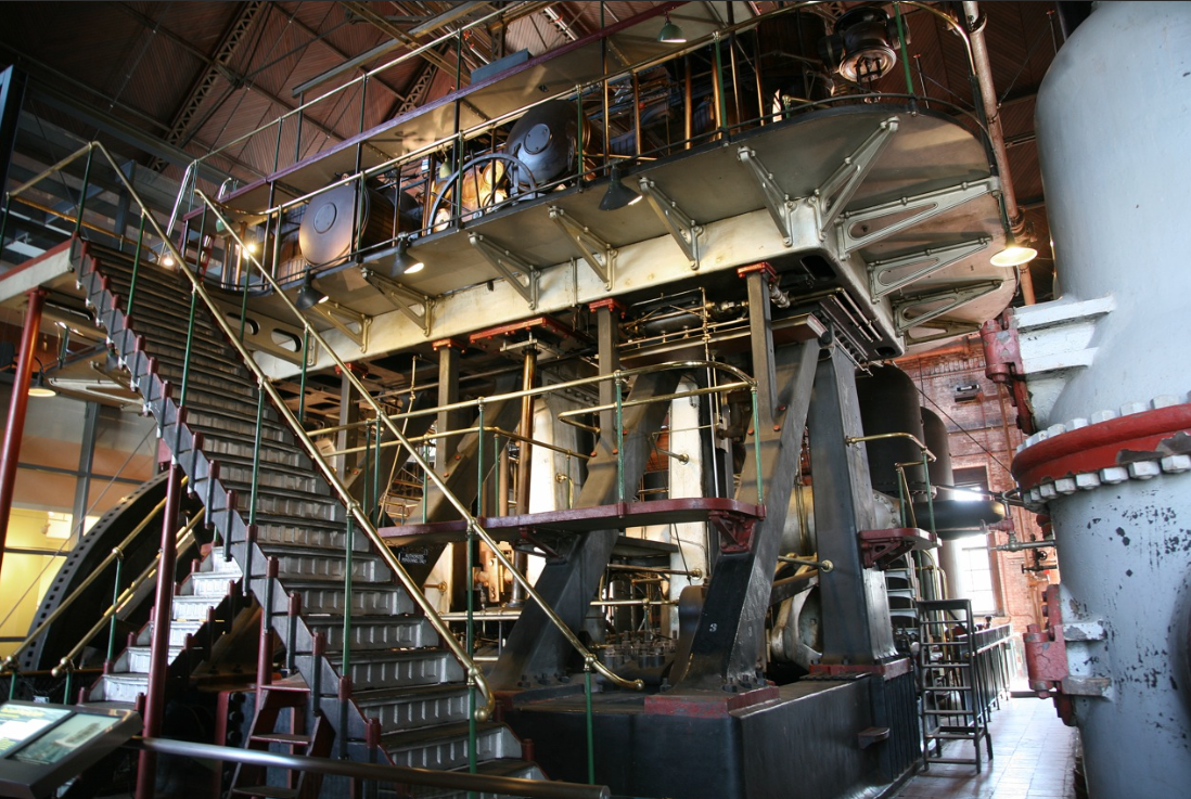 The Leavitt Engine (1894) boasts an angular design that is a remarkable example of gilded age engineering. (Image courtesy of the Metropolitan Waterworks Museum)