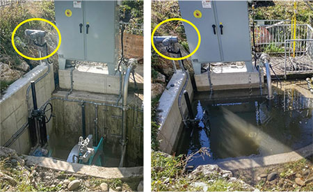 IMAGE 2: Turbine pit before and after commissioning. Remote mounted controls (rear left), mounted above the shaft and separately from the actuator, provide the ability to operate the underwater actuator for turbine guide vane control.