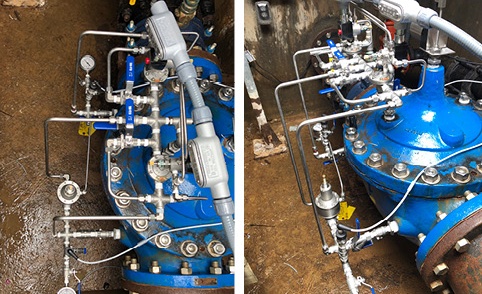 IMAGES 3-4: A10-inch electronic interface control valve with pressure reducing hydraulically operated on power failure. Inlet/outlet pressure transmitters and valve position transmitter. 