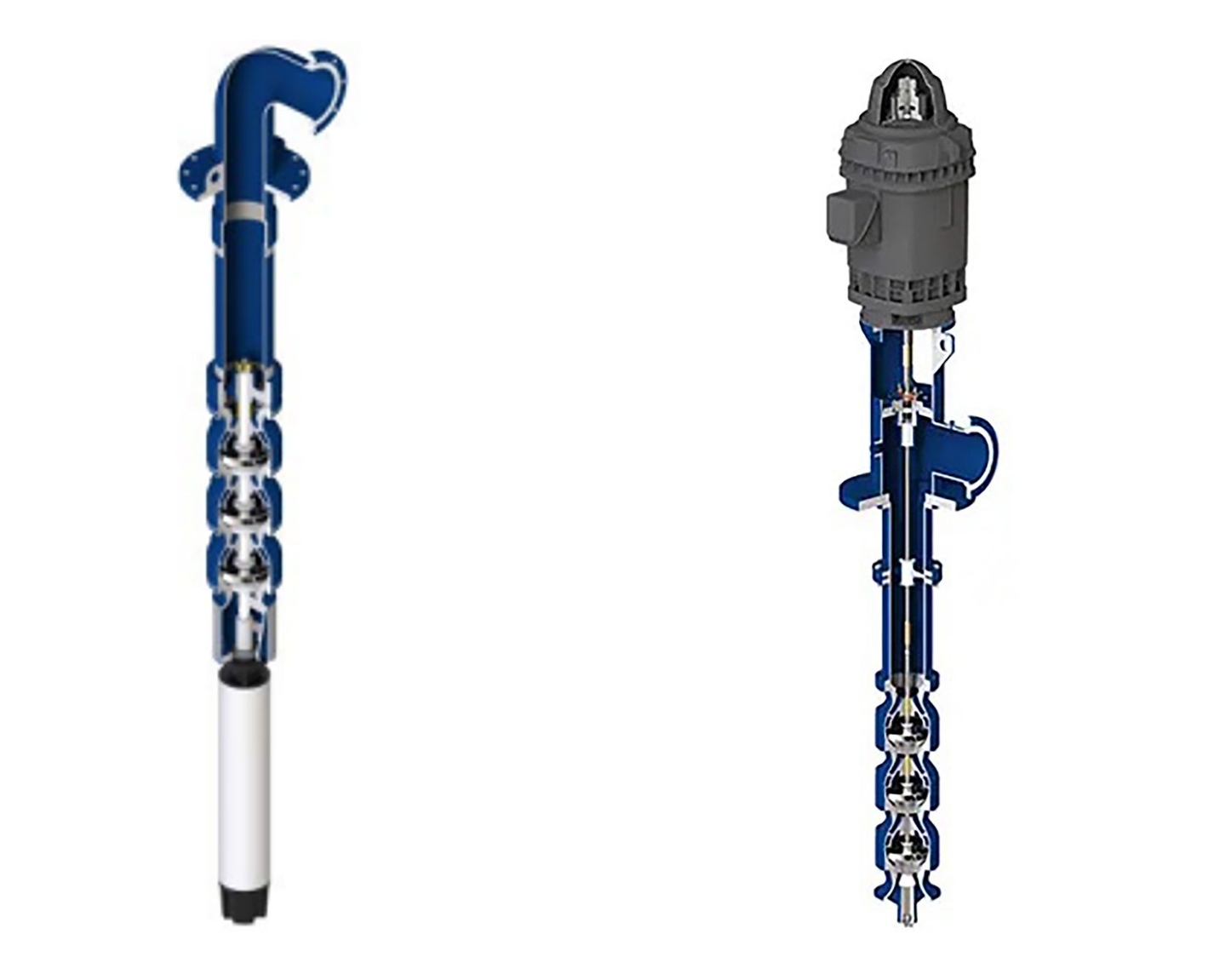 IMAGES 1 & 2: Line shaft pump (left) and submersible pump (right) (Images courtesy of Xylem)