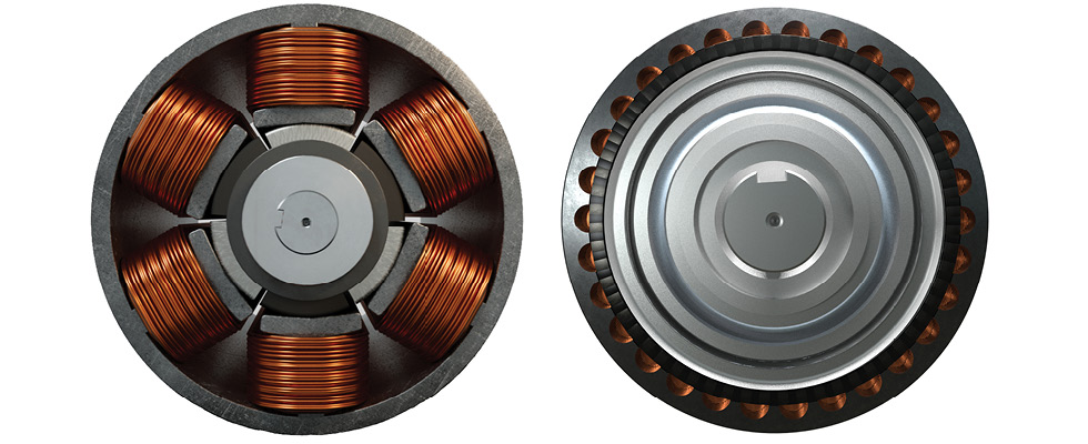 IMAGE 1: 6-pole standard AC induction motor (left); 60-pole transverse flux motor design (right) (Image courtesy of Graco)