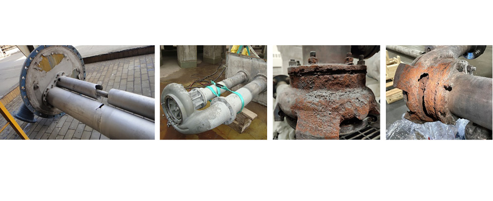 images 2-5 (left to right): Attack caused at liquid level from gas/liquid phase; base material attacked by highly corrosive acid; attack caused from escaping vapors; complete failure in a few months.