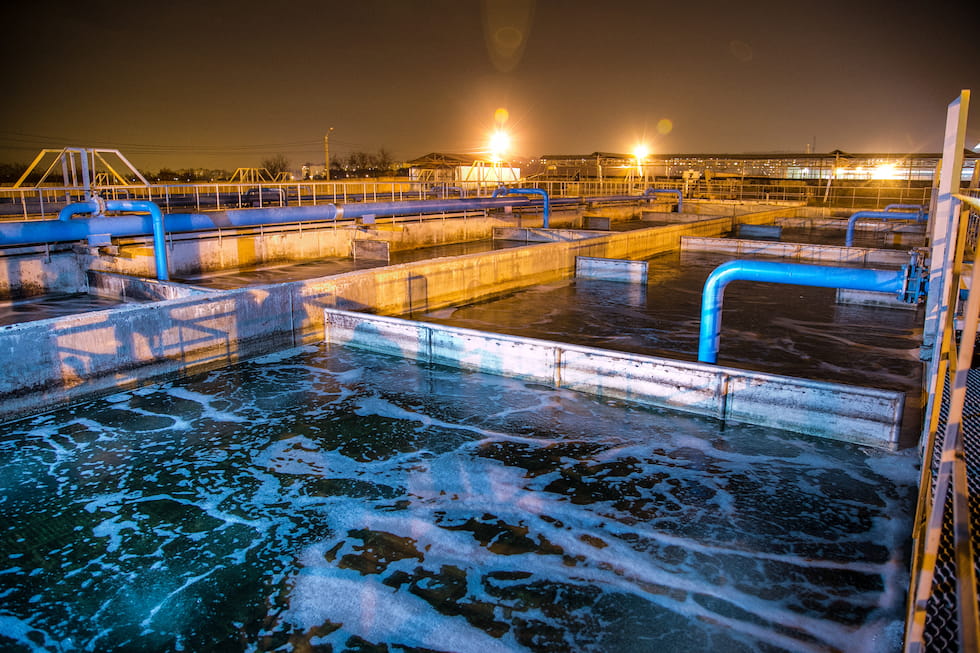 Wastewater treatment plant at night