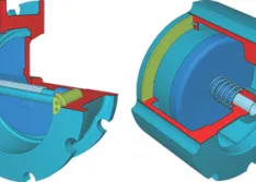 Cut-section of a dual disc check, wafer style and cut-section of a silent check valve, wafer style